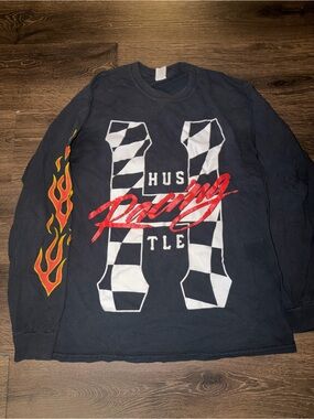 Black Racing Graphic Long Sleeve Tee with Flame Sleeve